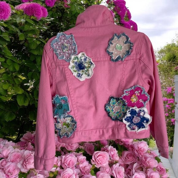 Custom Toddler Pink Jean Jacket in Size 4 with Multi-layer Boho Flowers NWT - Picture 2 of 16